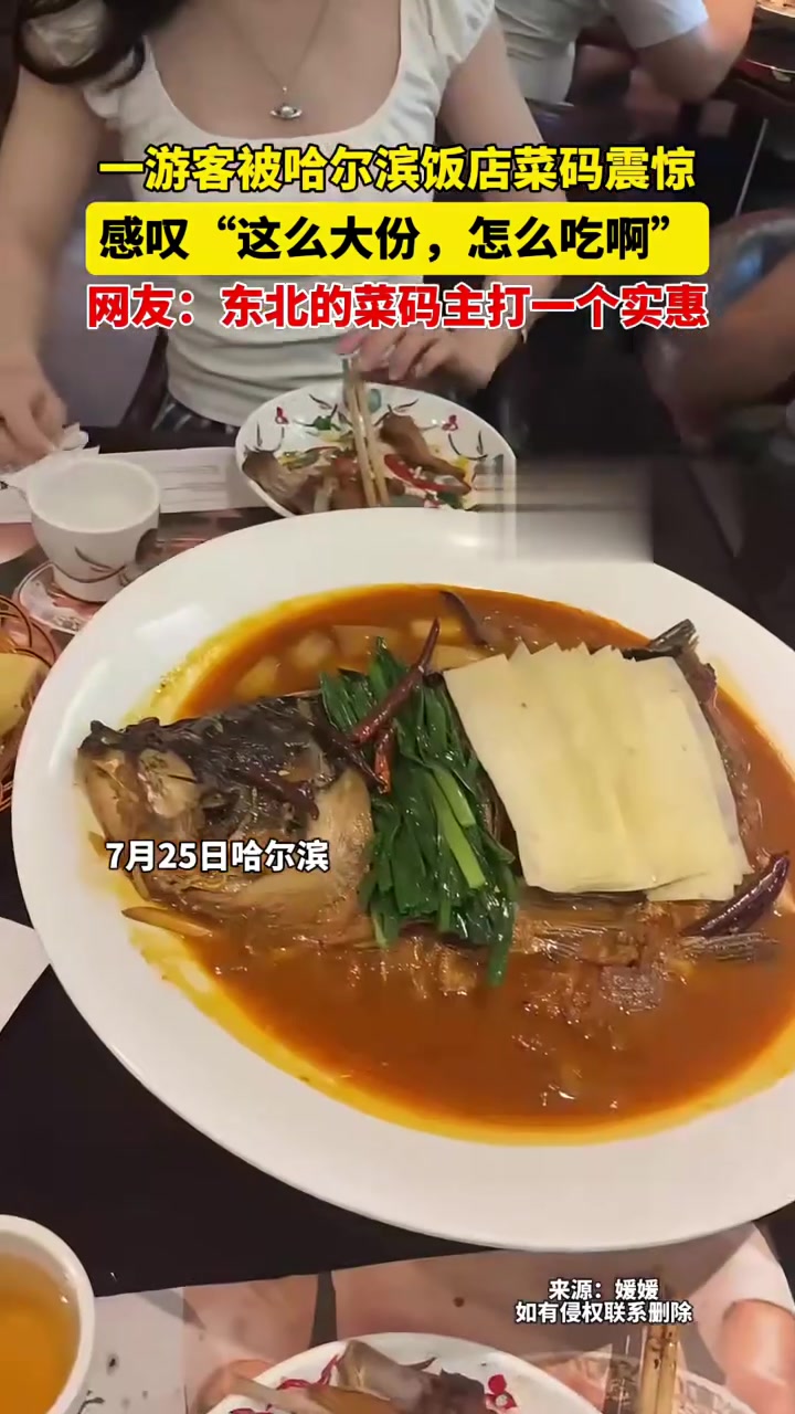 一游客被哈尔滨饭店菜码震惊，感叹“这么大份，怎么吃啊”，网友：东北的菜码主打一个实惠