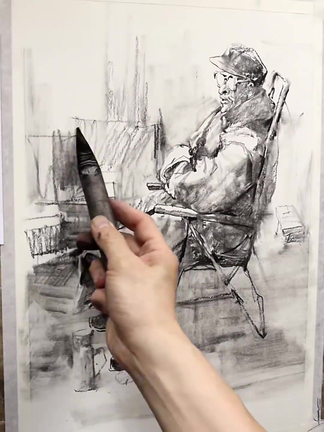 速写自带节奏感，小曲一响，揉擦提亮！老考生30分钟速写场景：场景速写的松弛感，线面张力超带