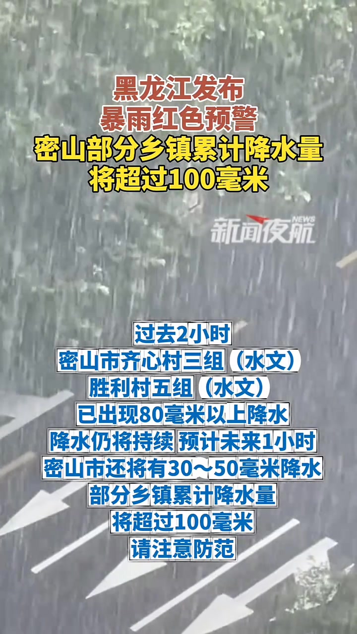 8月3日(发布)。黑龙江发布 暴雨红色预警,密山部分乡镇累计降水量将超过100毫米