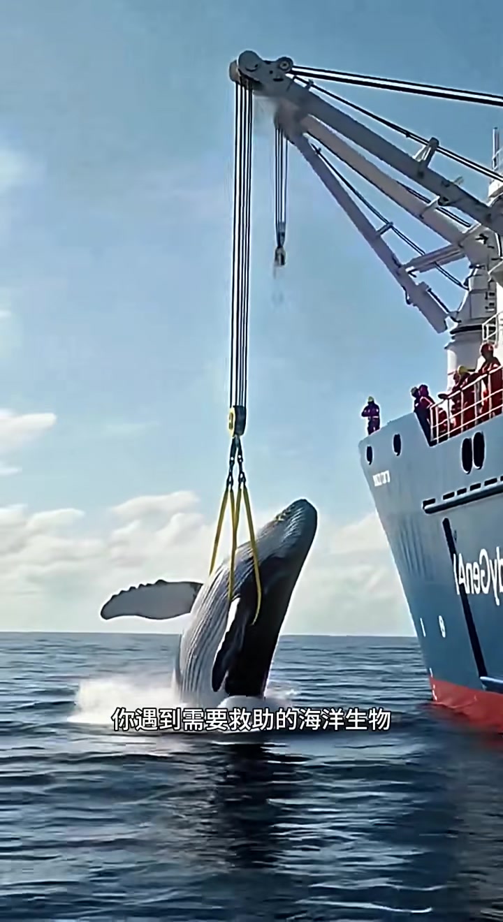 救助一条被困在礁石缝里的大鲸鱼