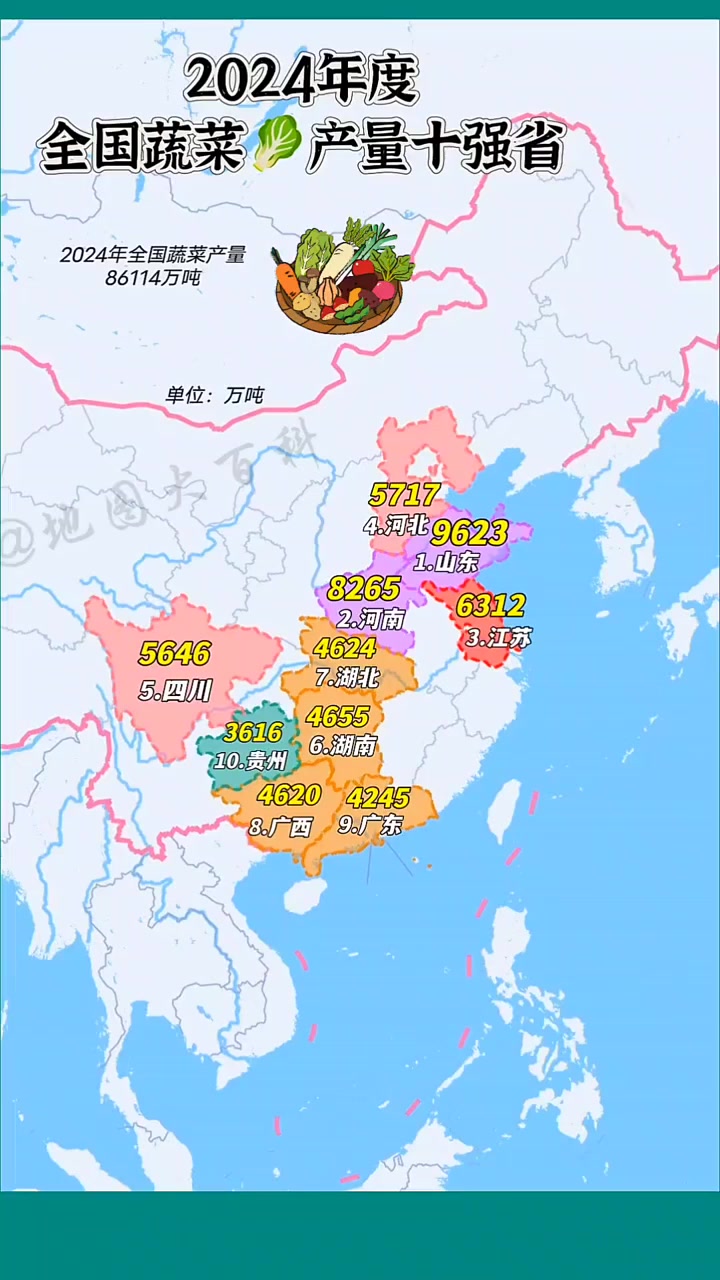2024年度全国蔬菜产量排名。山东省连续多年排名全国第一。在寿光,这里被誉为“中国蔬菜之乡