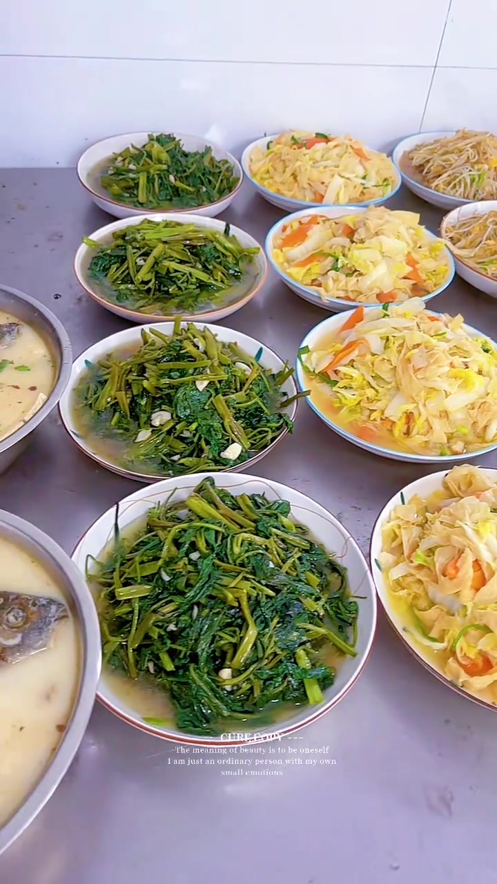 红烧肉，绿豆芽炒粉丝，白菜炒豆皮，蒜泥空心菜，鲫鱼汤