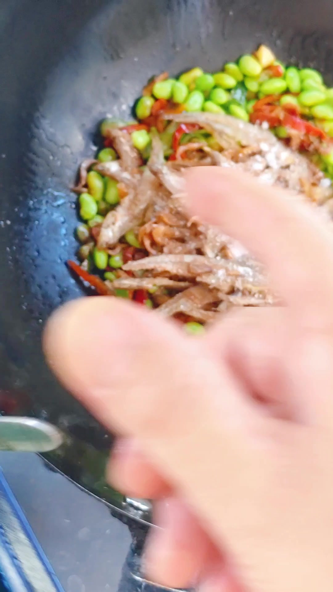 鱼干、虾干一起炒，又加了一点毛豆米，和野生的青红椒，味道炸裂