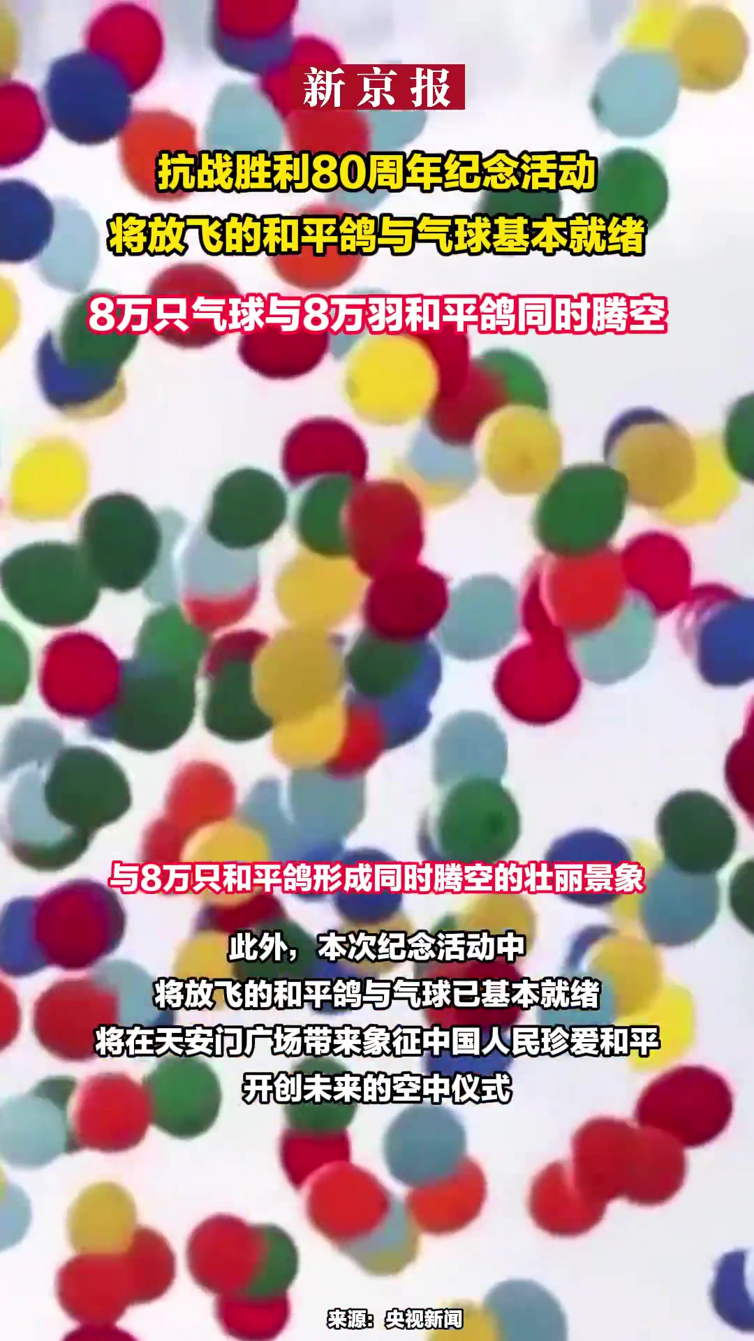 「8万只气球与8万羽和平鸽已就绪 揭秘“放飞组”如何准备」据央视,纪念中国人民抗日战争暨世