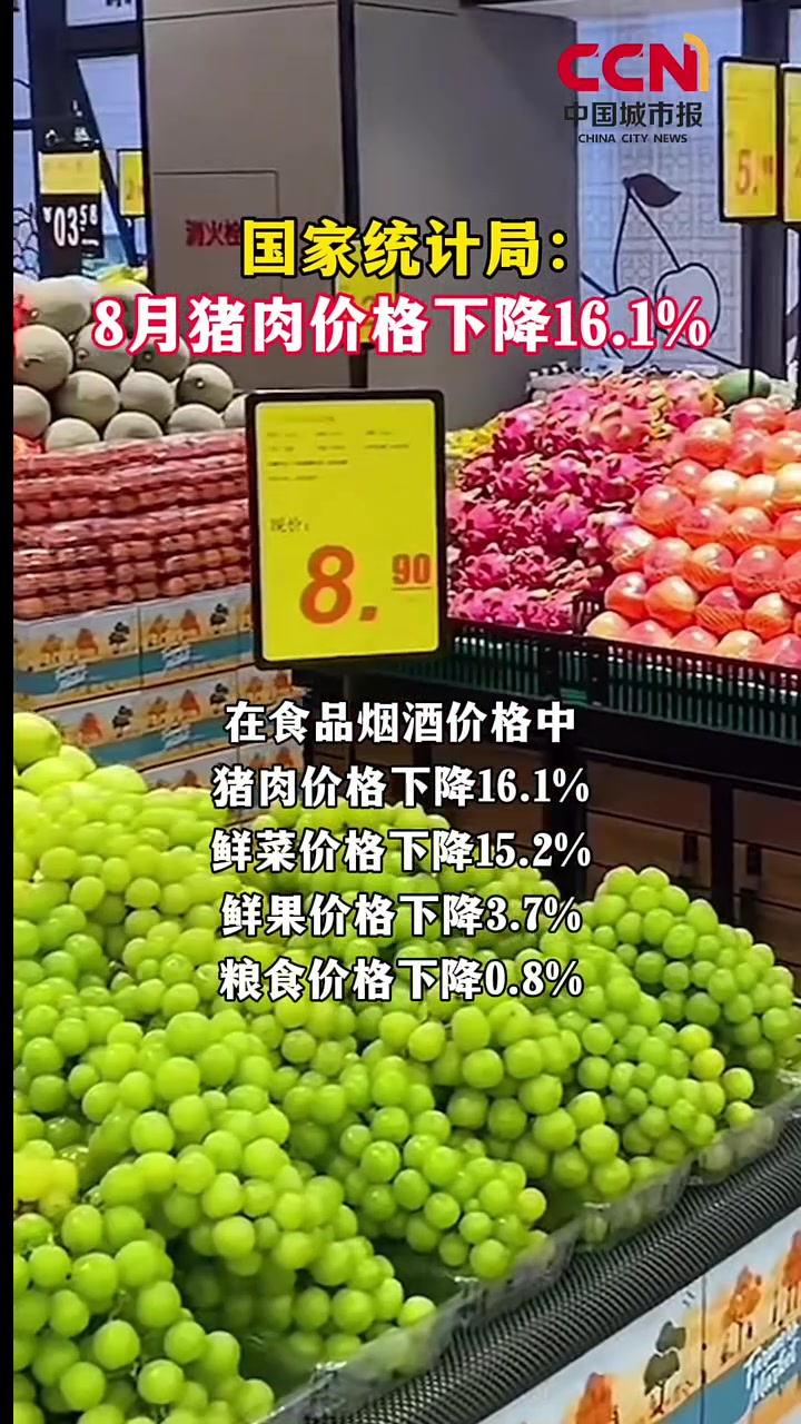 国家统计局:8月猪肉价格下降16.1%