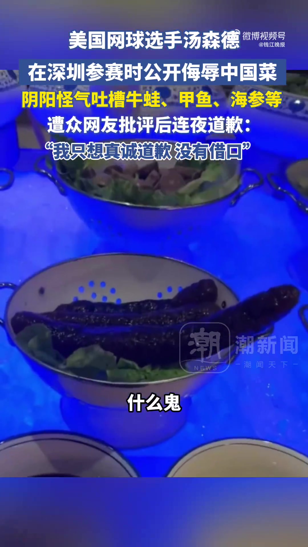 「汤森德吐槽中国菜后道歉」美国网球选手汤森德在深圳参赛时公开侮辱中国菜,阴阳怪气吐槽牛蛙、