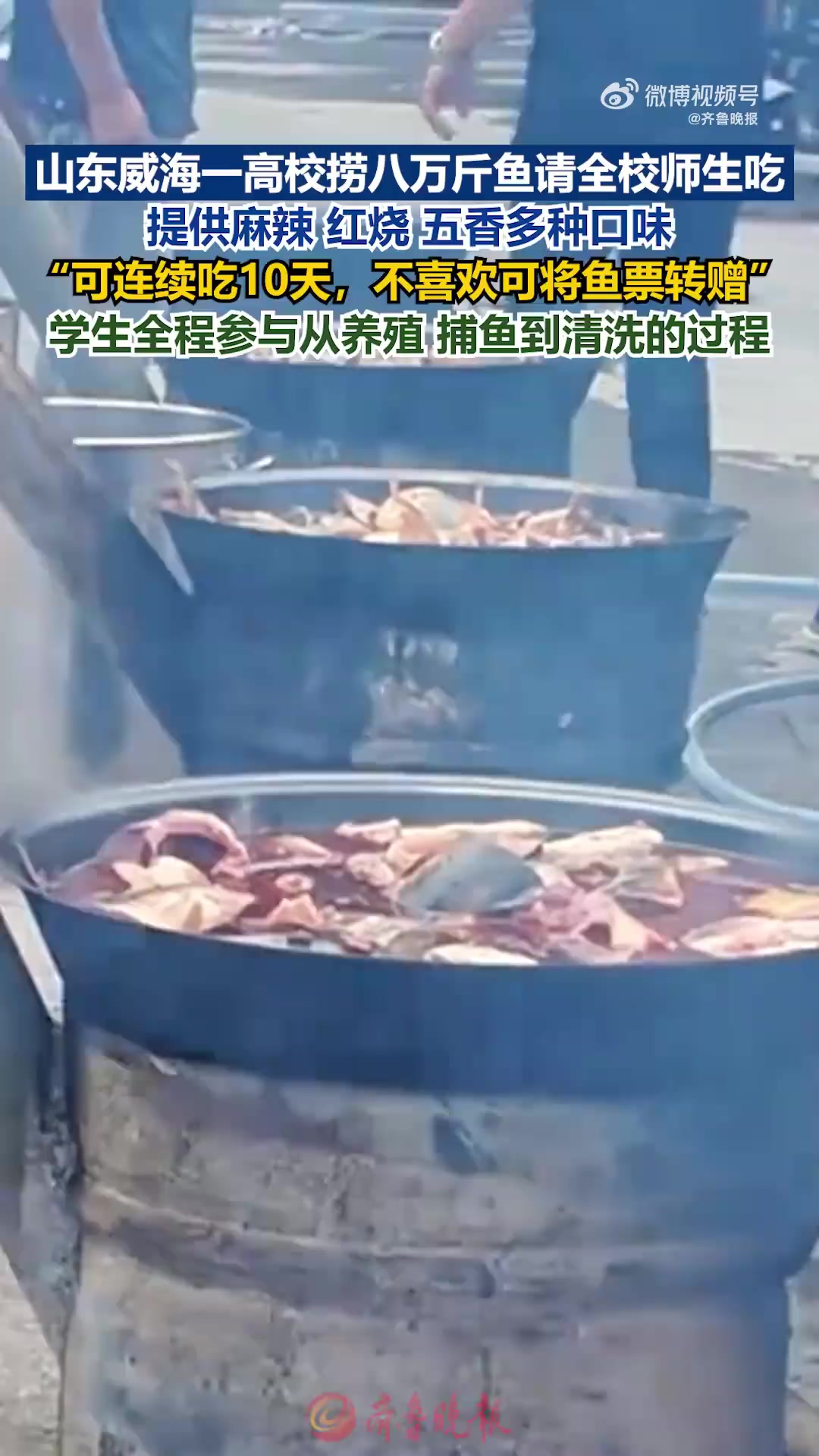 「山东一高校捞8万斤鱼请全校师生吃:提供麻辣、红烧、五香多种口味,可连续吃十天」鱼块与葱姜