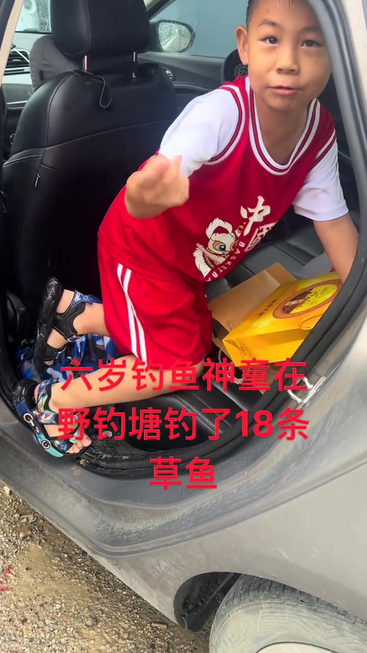 钓鱼的小哥哥 这个六岁钓鱼神童这么来我68块八小时点野钓塘就能钓18条草仓鱼罗非鱼六十多斤