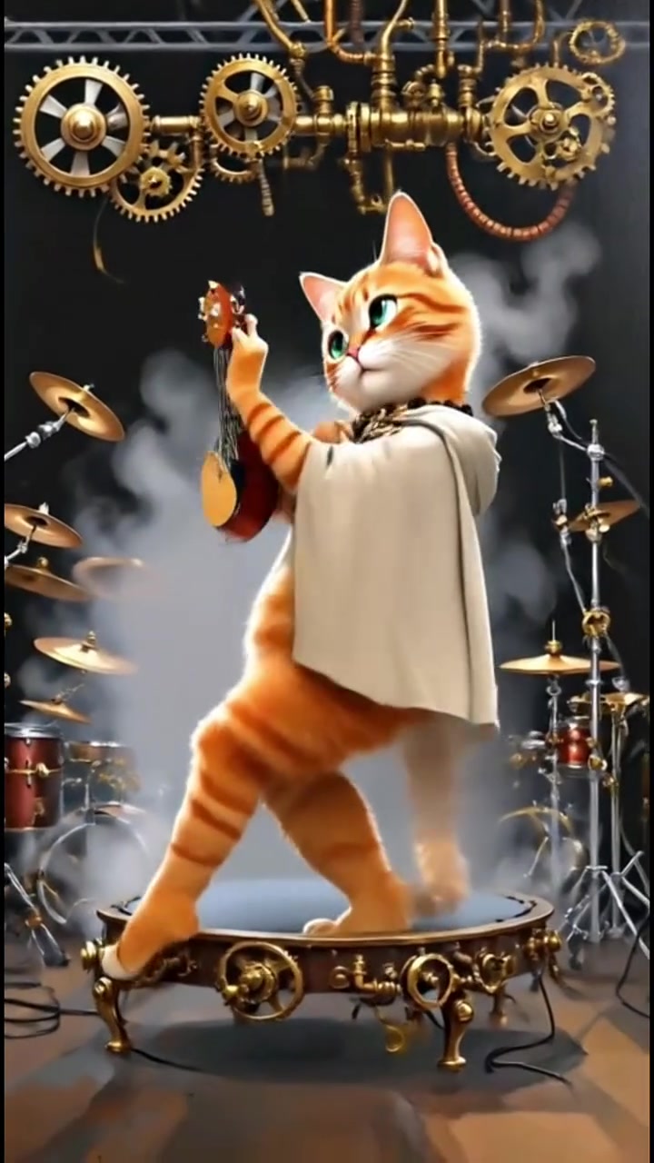 蒸汽朋克橘猫开唱！吉他鼓点狂甩，猫步帅炸喵星