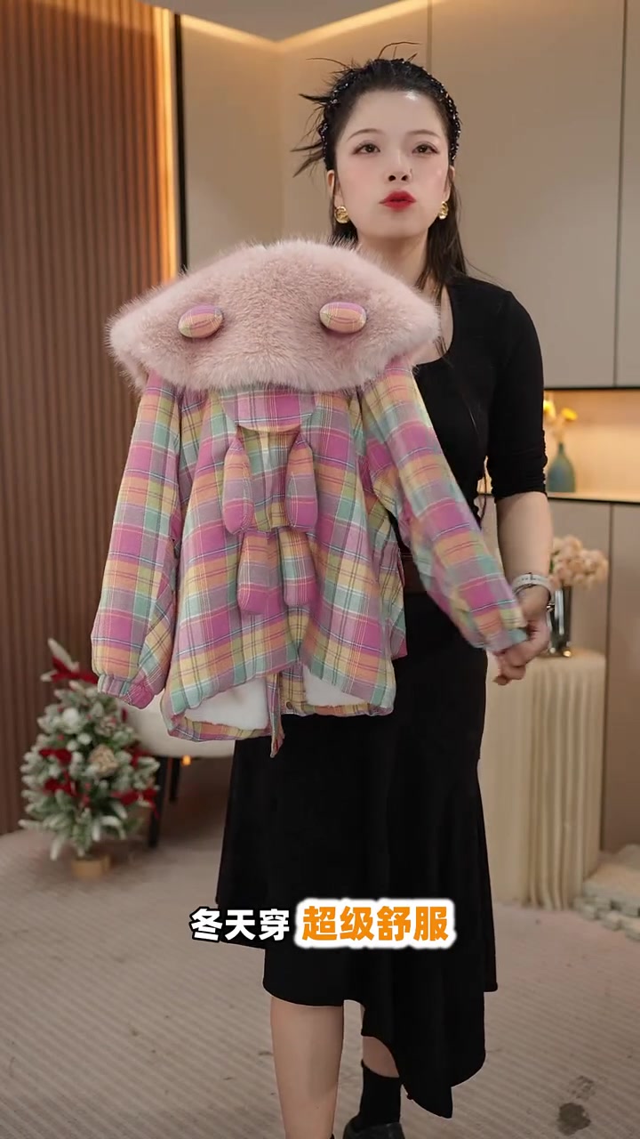 韩版粉色格子派克服，柔软舒适不臃肿，冬季必备！