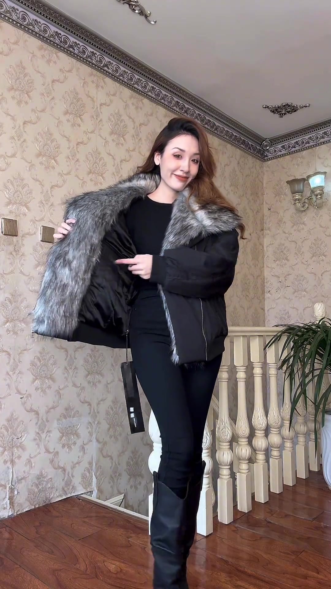 冬季皮毛一体派克服棉服穿搭推荐