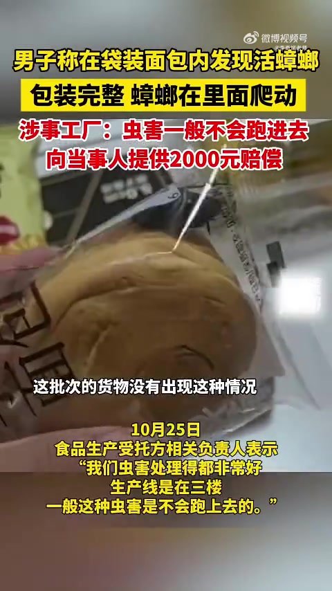 10月25日,南通一男子称其购买的百草味手撕面包内发现一只活蟑螂。视频显示,面包包装密封完