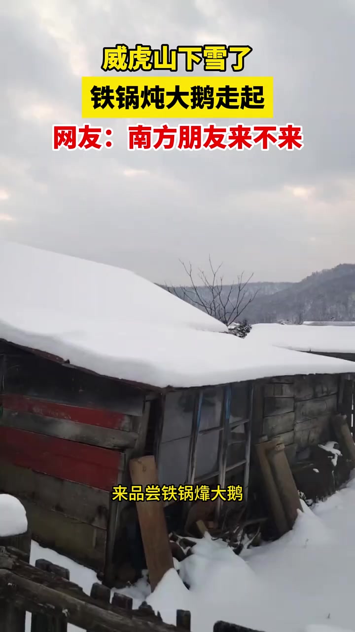 10月28日黑龙江海林,威虎山下雪了,铁锅炖大鹅走起,网友:南方朋友来不来