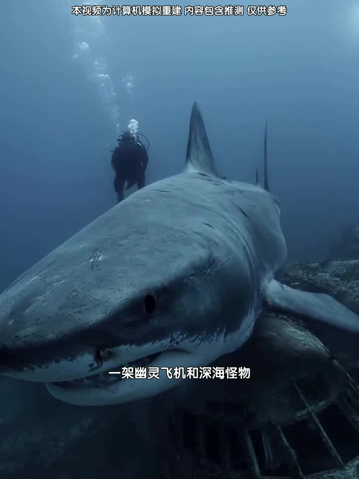 潜水员拍摄大型鲨鱼在水下飞机附近游泳