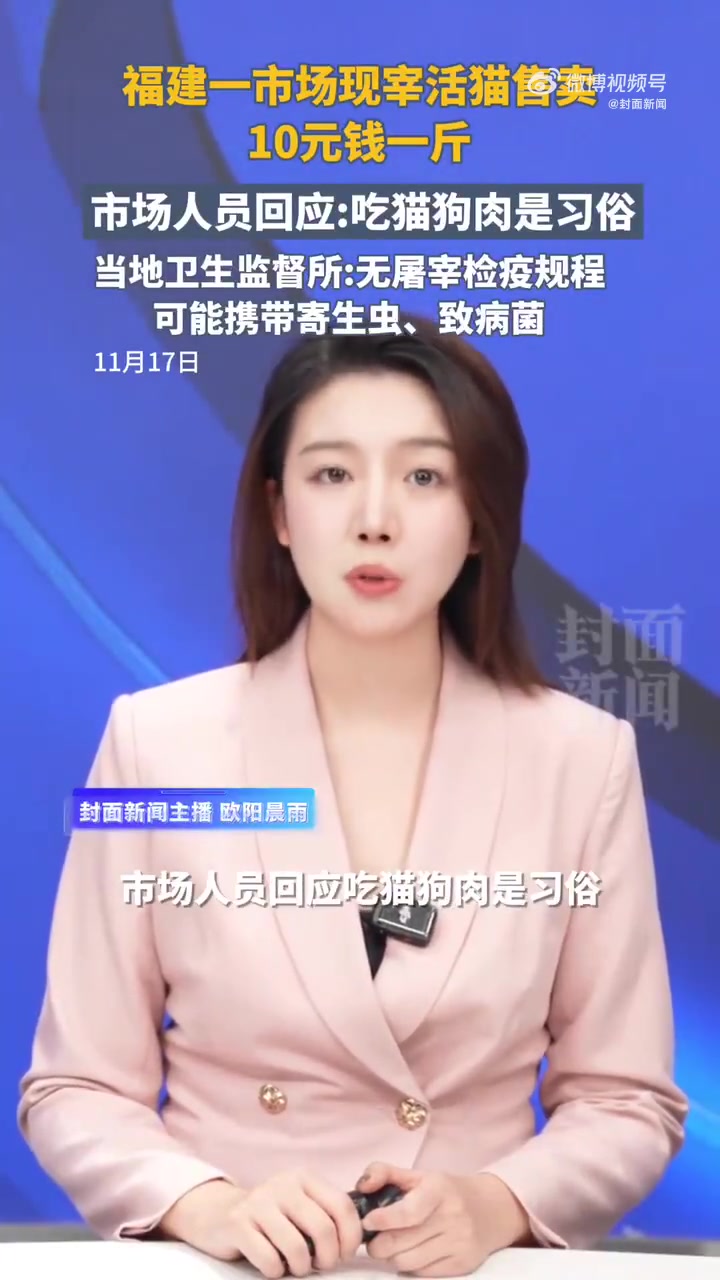 11月15日,网民钟先生称,福建上杭县城东市场内有商户出售活猫并提供现场屠宰。市场方称“当