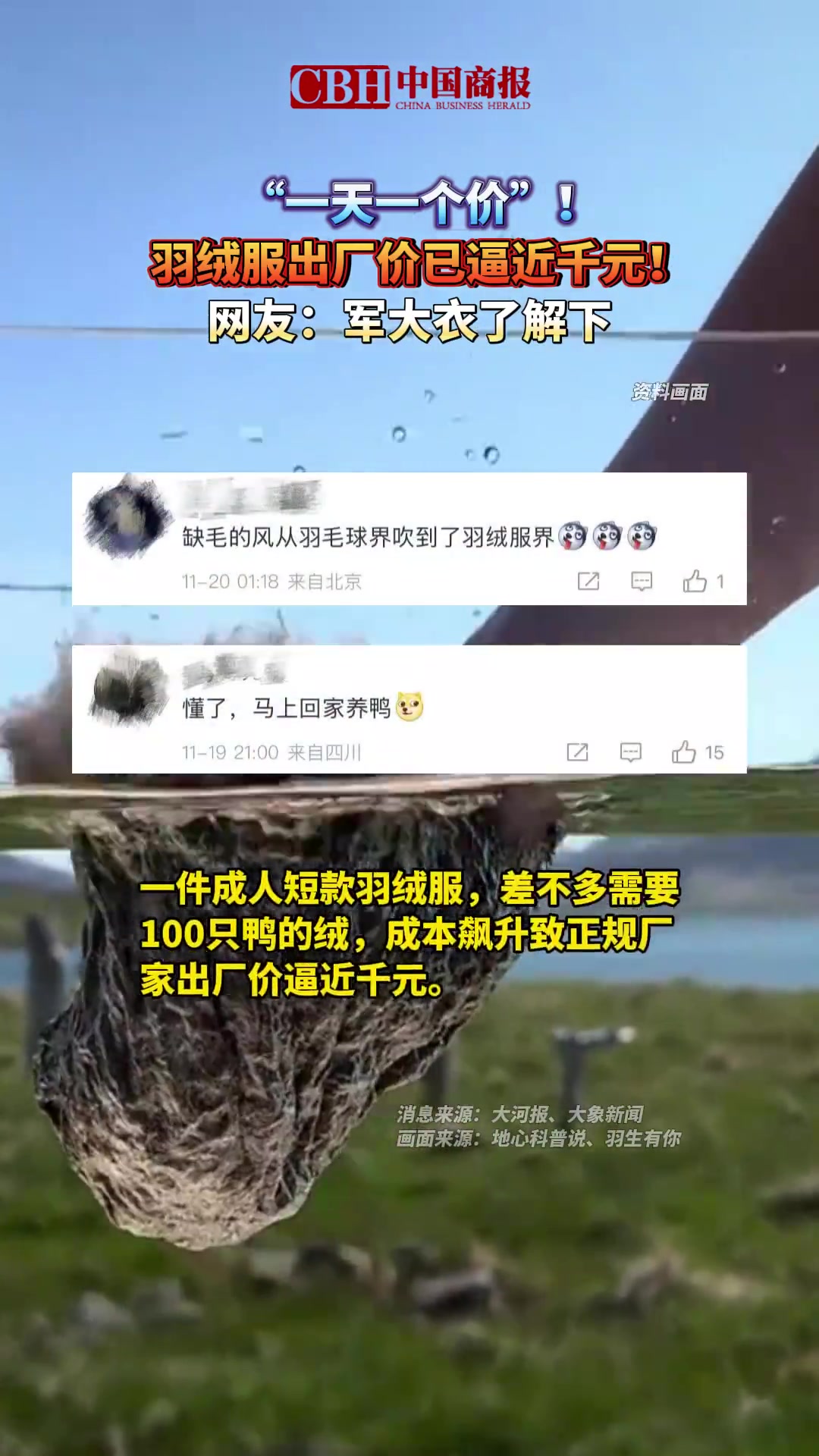 「“一天一个价”!羽绒服出厂价已逼近千元!」近日,据一名羽绒市场行业人士介绍,现在养鸭子的