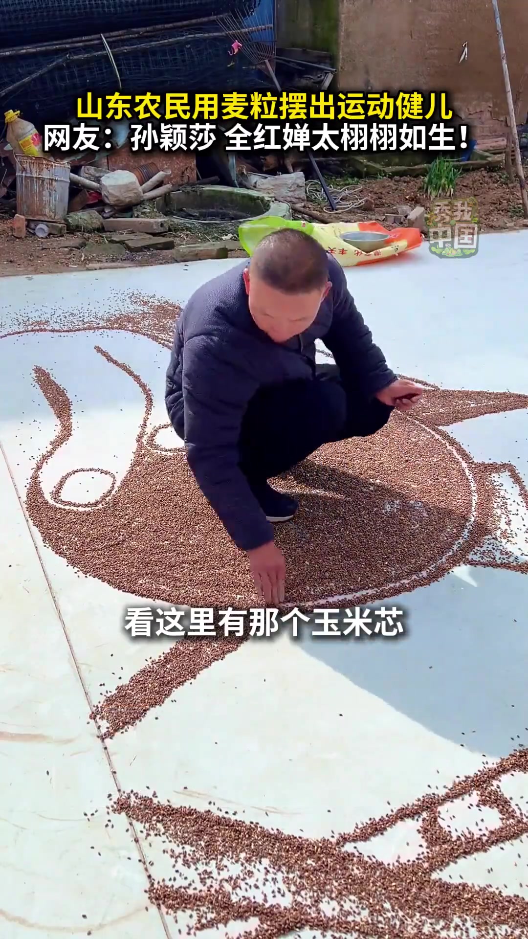 「点赞！农民用麦粒画出孙颖莎全红婵」近日，山东滨州，一农民用麦粒摆出运动健儿，网友：把孙颖