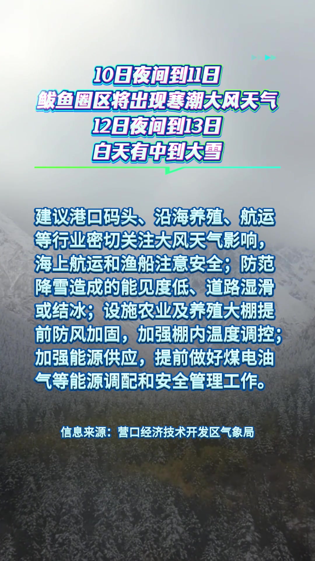 10日夜间到11日鲅鱼圈区将出现寒潮大风天气,12日夜间到13日白天有中到大雪!