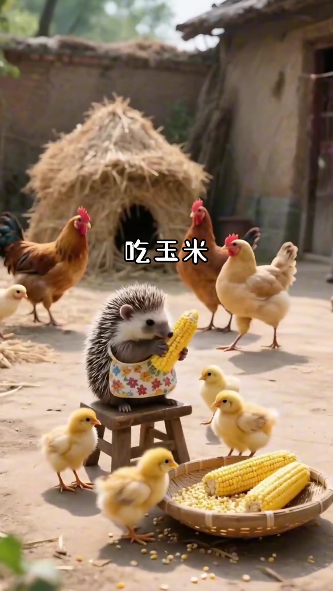 小橘猫家的小鸡孵出来了，小白兔和小刺猬承担喂养责任