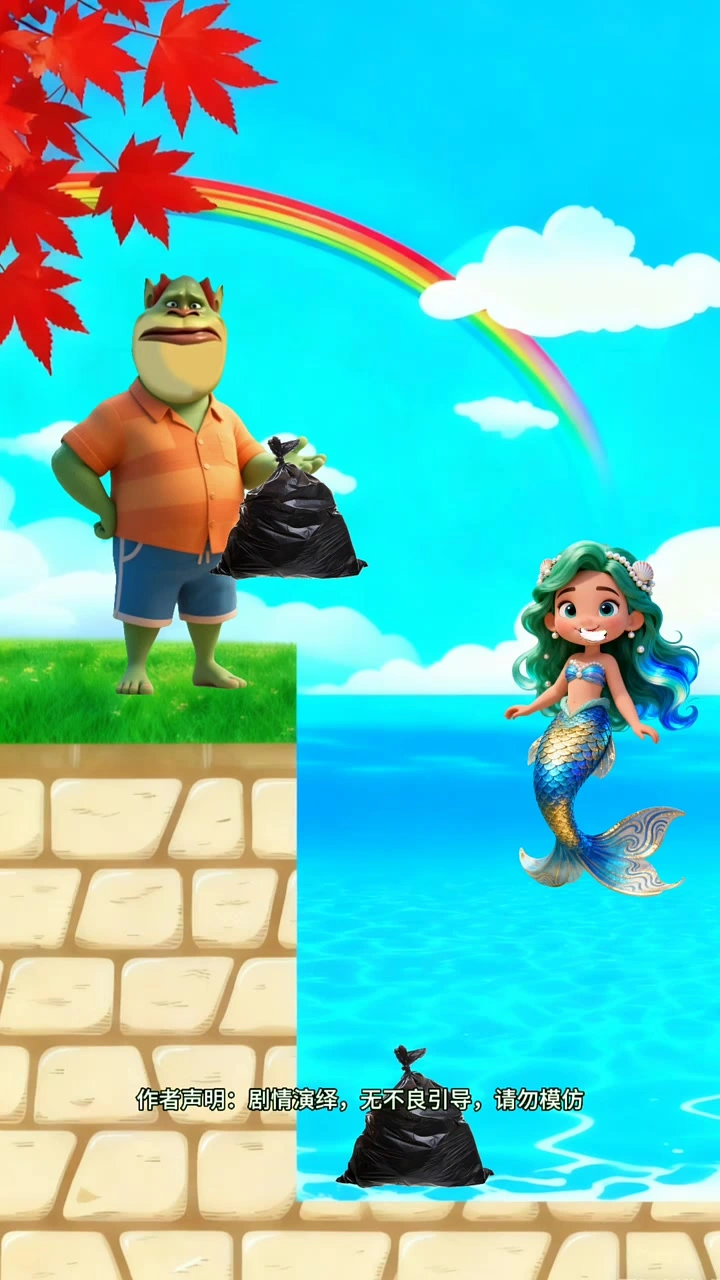 小哪吒帮美人鱼清理垃圾 二次元 儿童动画