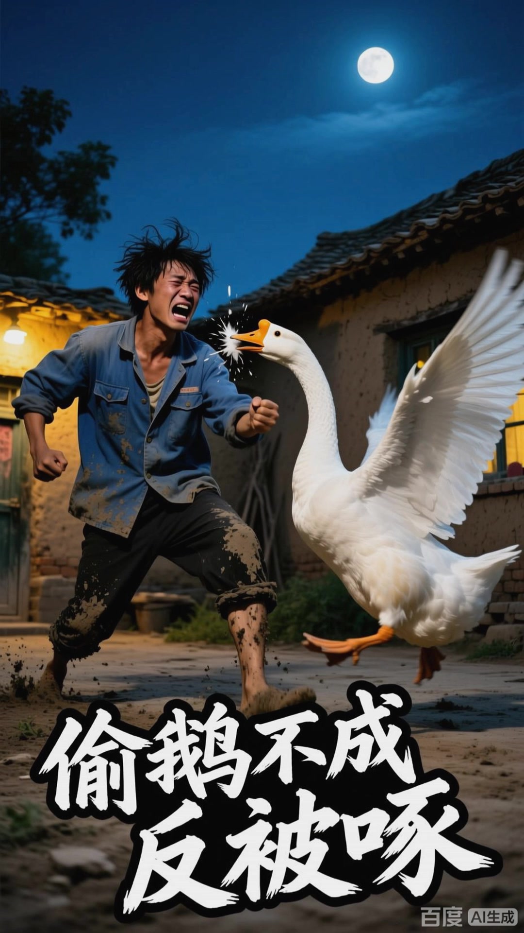 民间喜剧：笨小偷偷鹅反被鹅啄疼哭鼻子