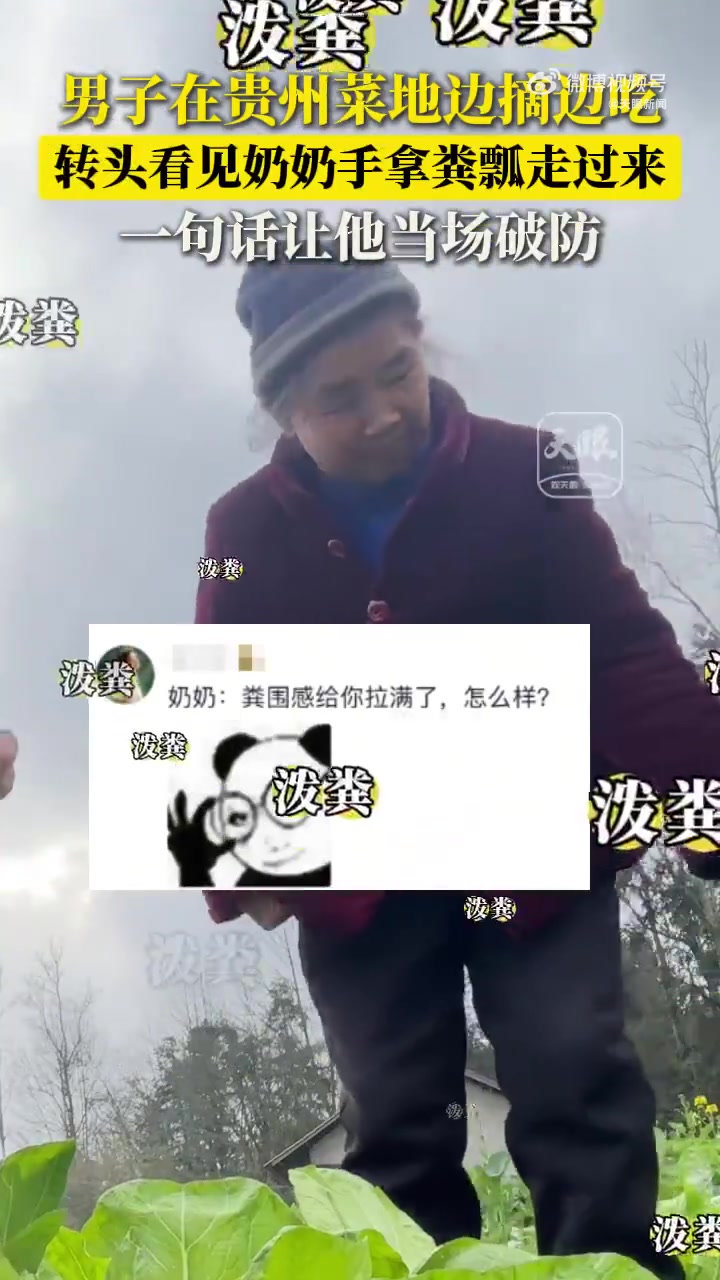 近日，贵州。男子在菜地里边摘菜边吃，转头看见奶奶手拿粪瓢走过来，一句话让他当场破防了～（视