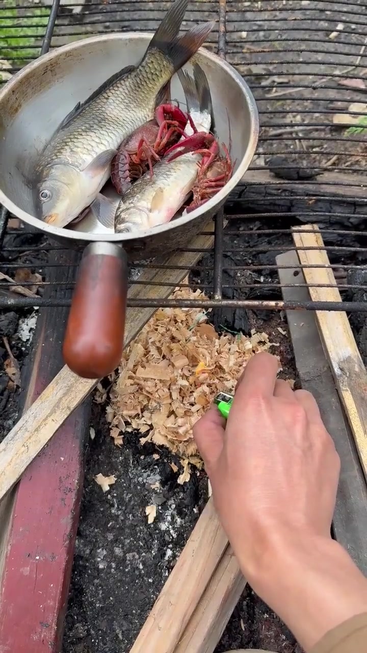 河边发现一个捕鱼陷阱,抓到一些小鱼小虾,煮了一锅小火锅,味道好极了。#荒野求生 #我的乡村