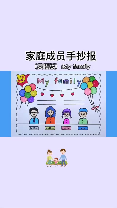 简单漂亮的家庭成员手抄报（Myfamily）英语版线稿教程来
