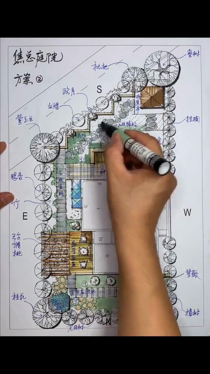 教你用马克笔手绘中式庭院平面设计方案