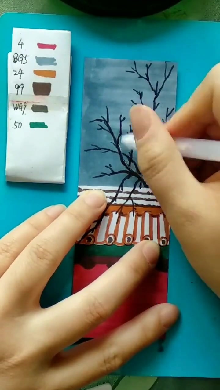故宫雪景红墙绿瓦，马克笔手绘简笔画绘画过程