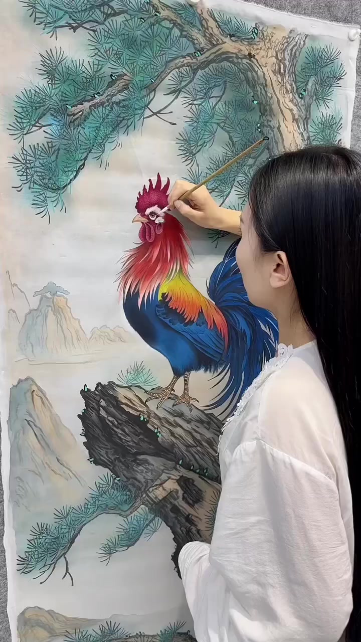 #知识播种计划 青松挺立千秋翠，雄鸡高鸣万里春，工笔画大公鸡金鸡报晓！#工笔画 #感受国画