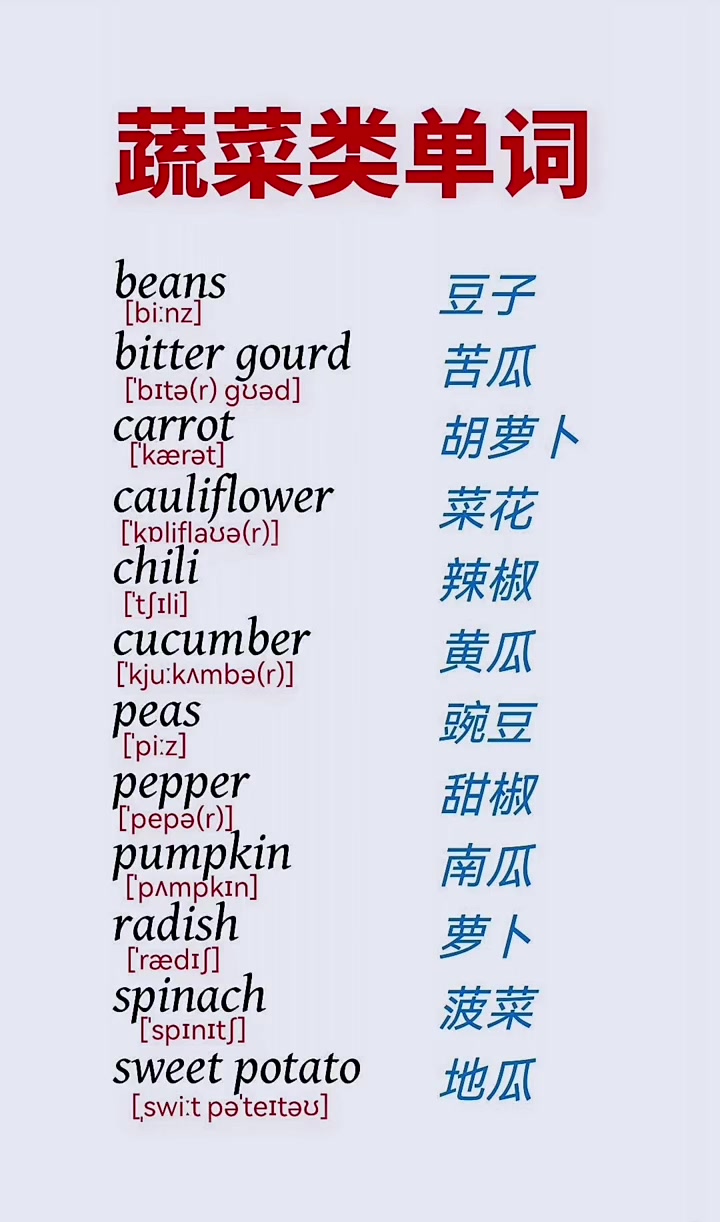 蔬菜类英语单词带音标及中文释义教学