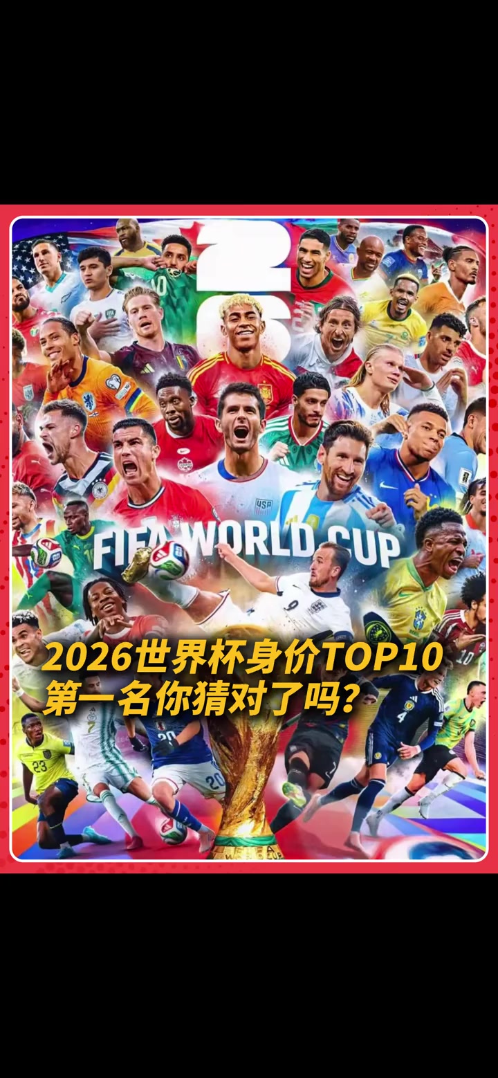 2026世界杯身价TOP10出炉，没有梅罗，00后成功霸榜，法国占据3席，第一名你猜到了吗