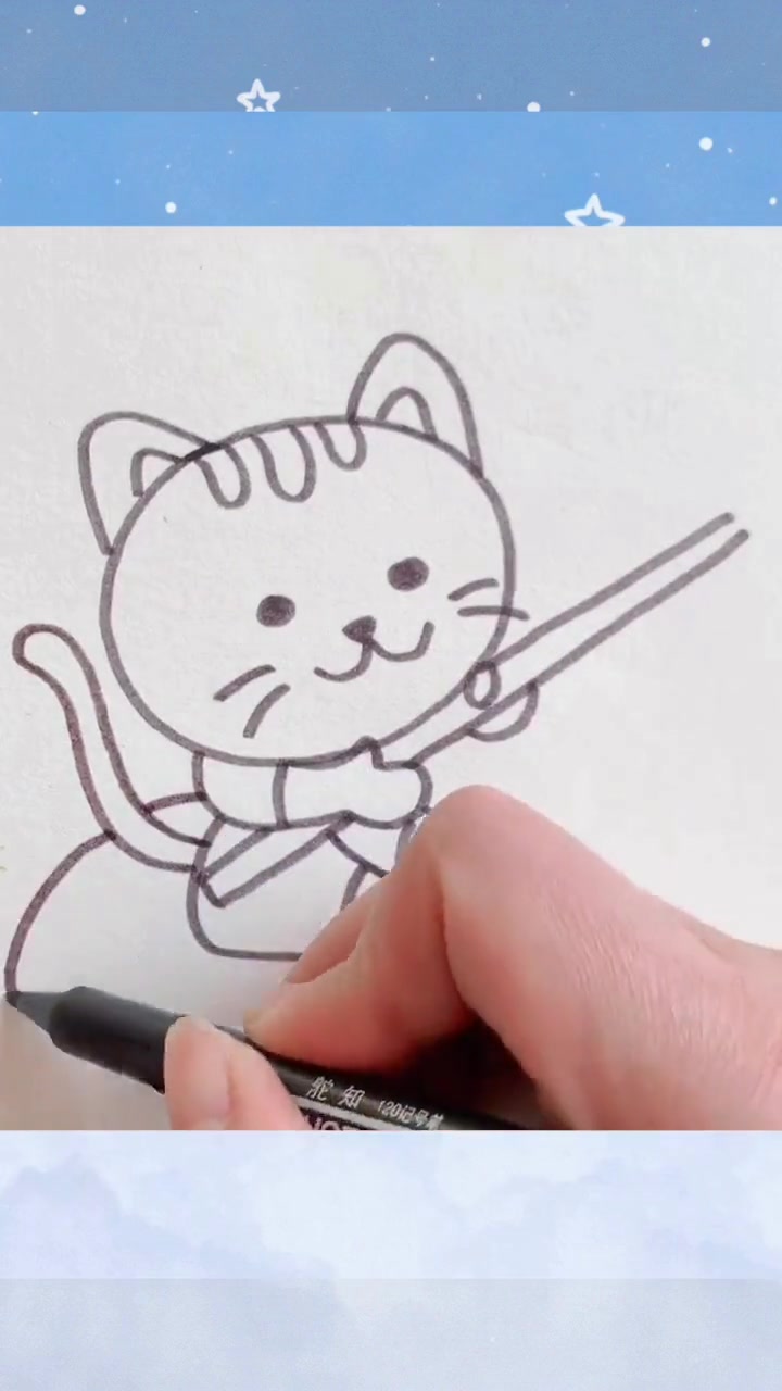 学画可爱的小猫钓鱼简笔画教程