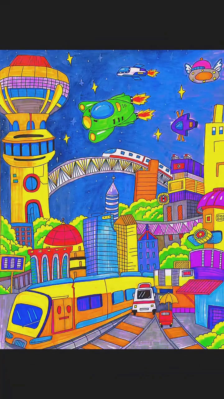 小学生科技幻想画、未来城市与交通简笔画