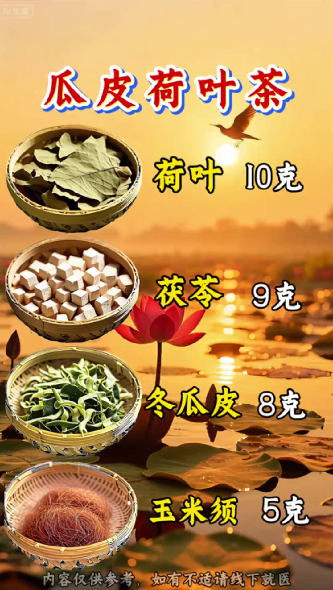 养生健康：瓜皮荷叶茶含荷叶、茯苓等食材