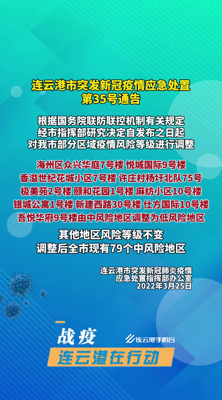 连云港市现有79个中风险地区连云港市突发新冠疫情应急处置第35号通告