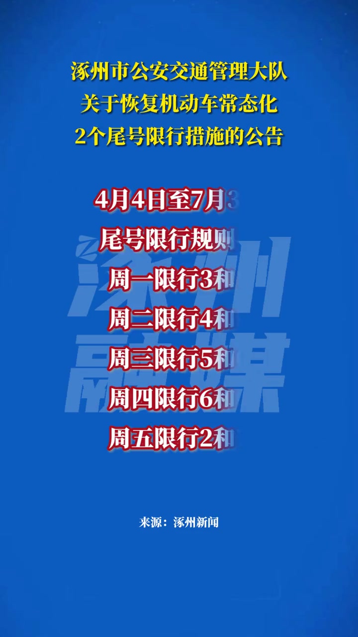 扩散涿州新一轮尾号限行轮换4月4日启动