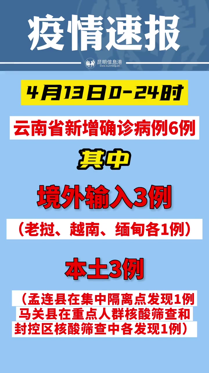 4月13日云南省新增确诊病例6例其中境外输入3例本土3例我们一起努力