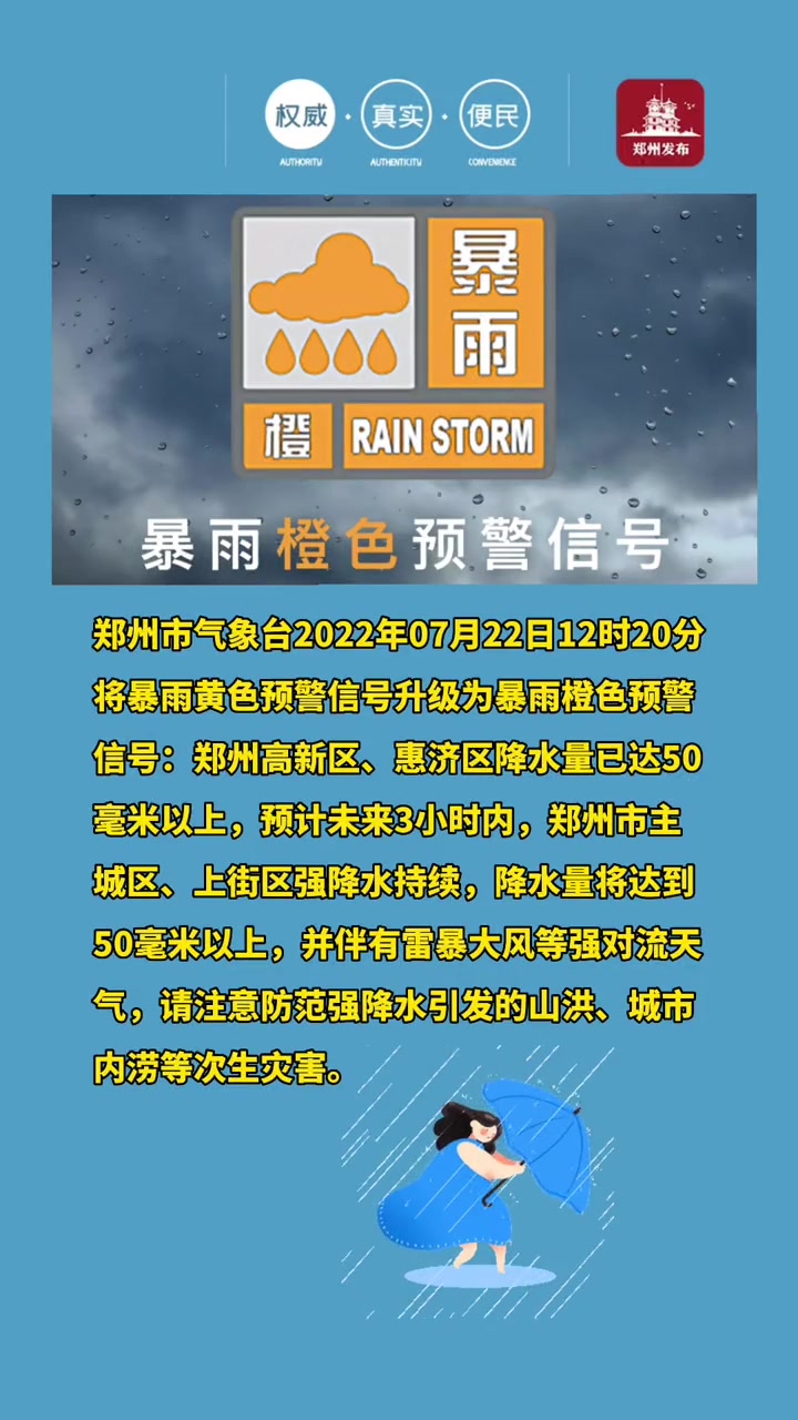 郑州市气象台2022年07月22日12时20分将暴雨黄色预警信号升级为暴雨