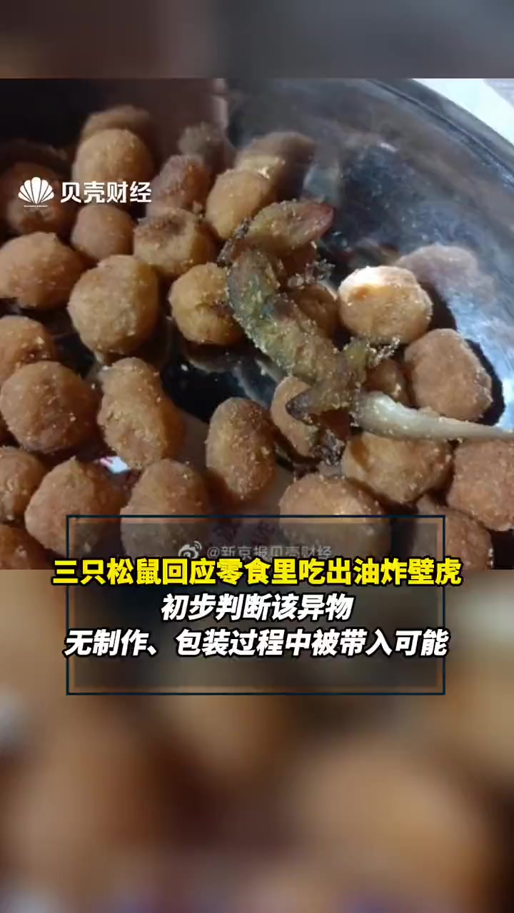 三只松鼠回应零食里吃出油炸壁虎初步判断该异物无制作包装过程中被带