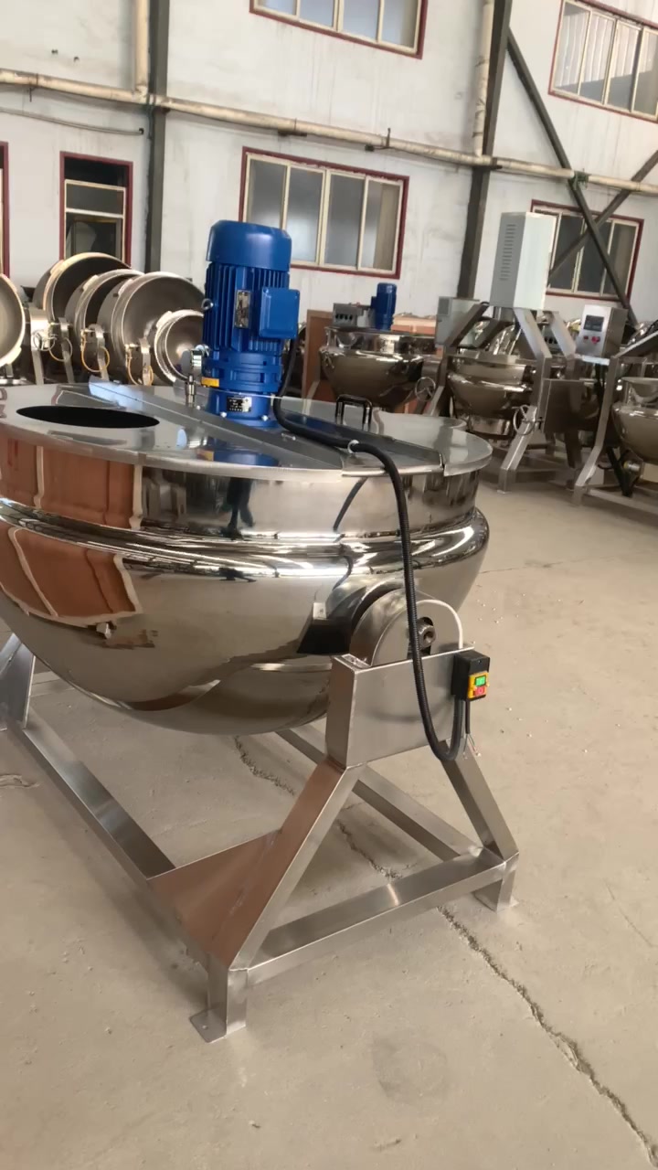 600l蒸汽加热夹层锅完工,特殊定制带合页锅盖和排风口,带温-度小视