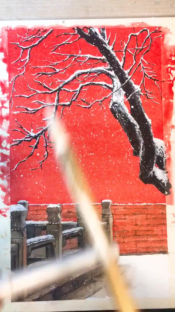 下雪啦15 多点播放量呗,第一次画红墙白雪-度小视