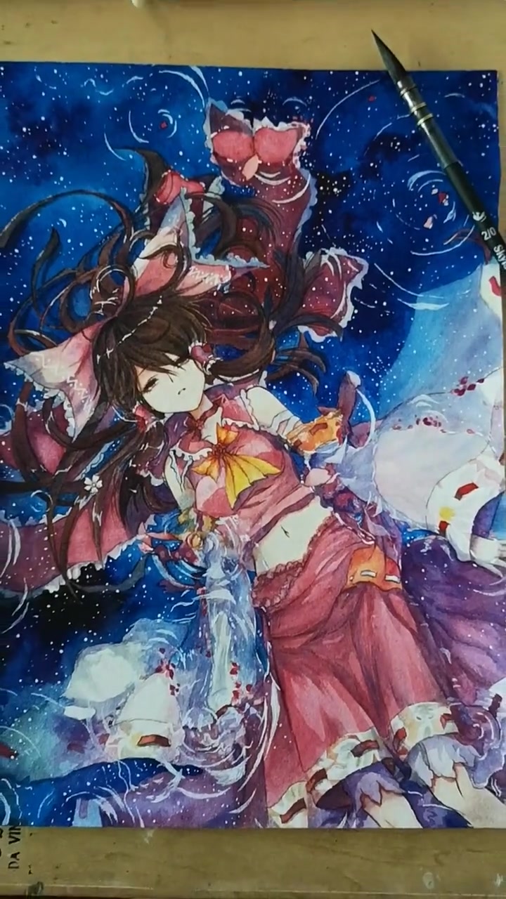 泡水灵梦完成,这几天心情不好,唉 宝虹300g细纹水彩纸,白夜36色艺术家