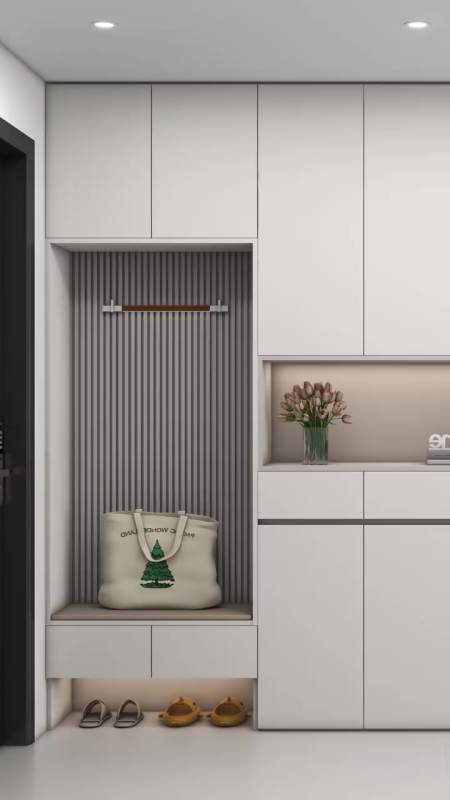 入户玄关鞋柜就这样设计吧鞋柜与展示柜一体设计中间镂空好收纳侧边