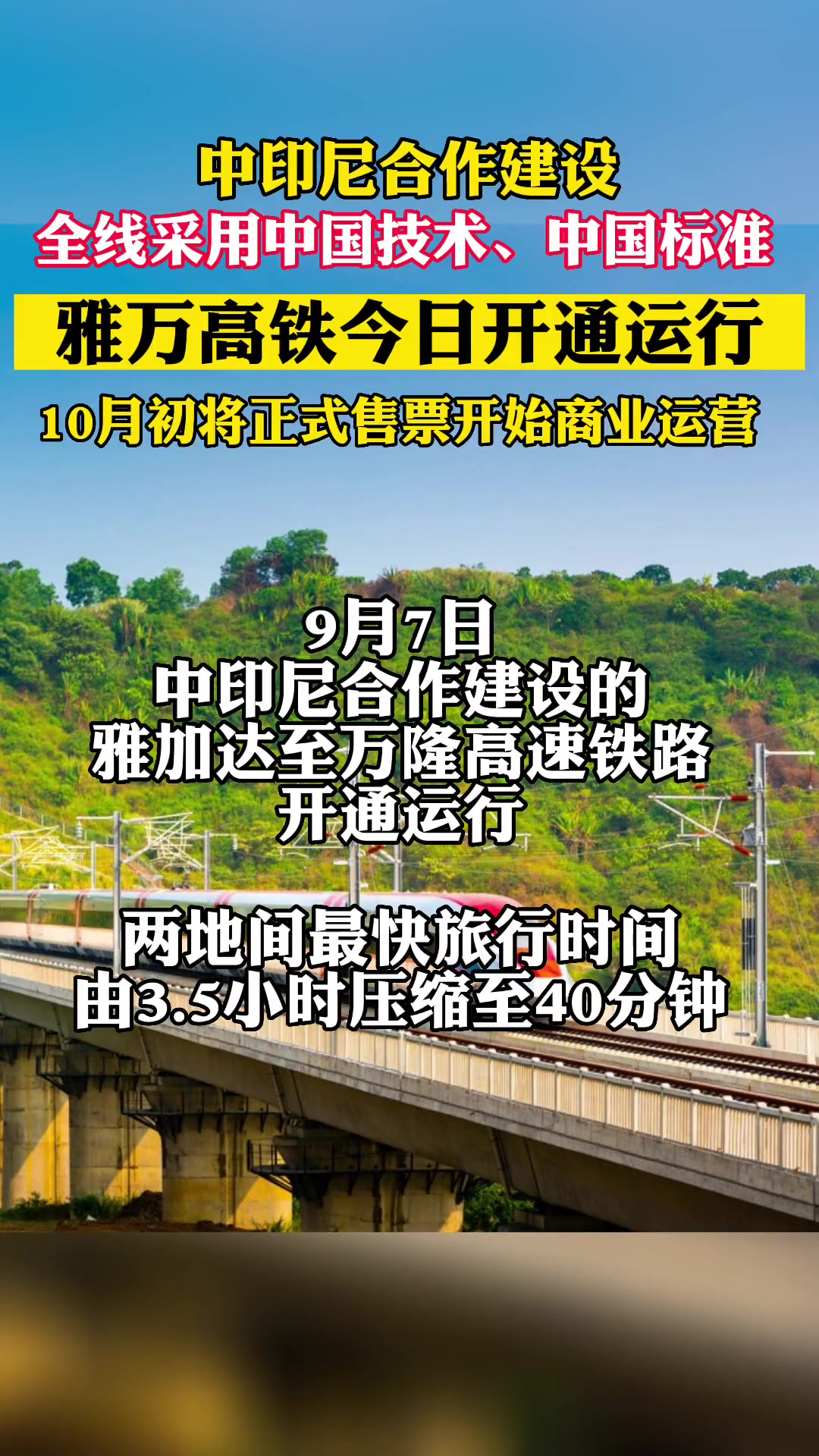 中印尼合作建设的雅万高铁9月7日开通运行 雅万高铁