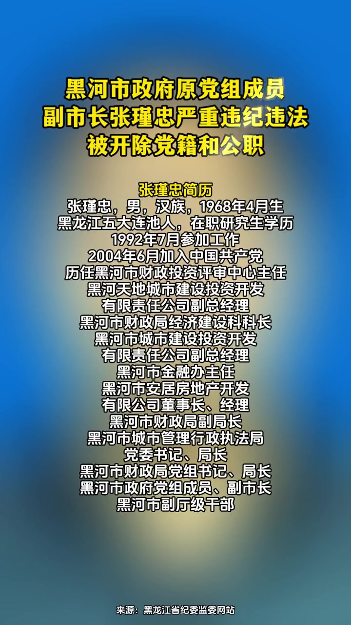 10月9日,据黑龙江省纪委监委网站消息,黑河市原副市长张瑾忠被双开-度