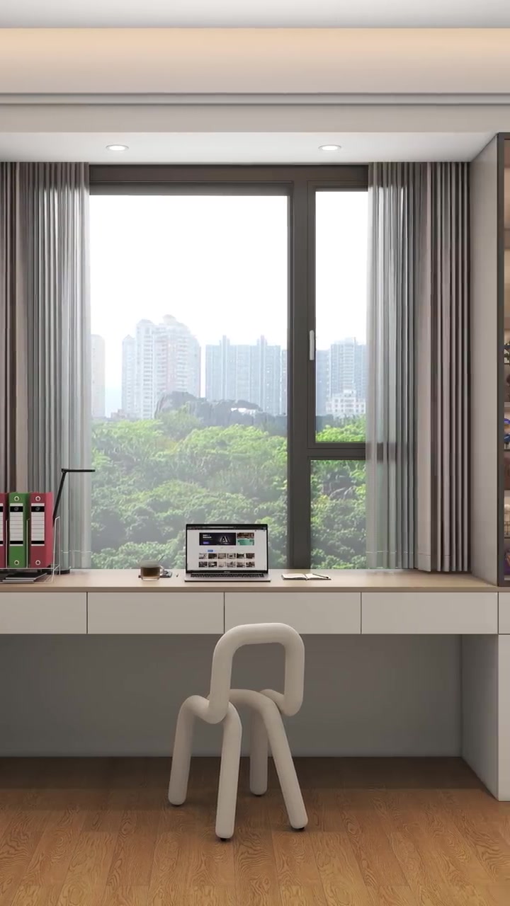 飘窗改造书桌梳妆台,一边做书桌书柜一体化,另一边做梳妆台和化妆品柜