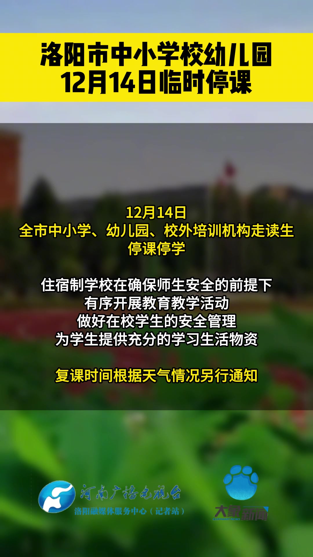 洛阳市中小学校幼儿园12月14日临时停课 洛阳