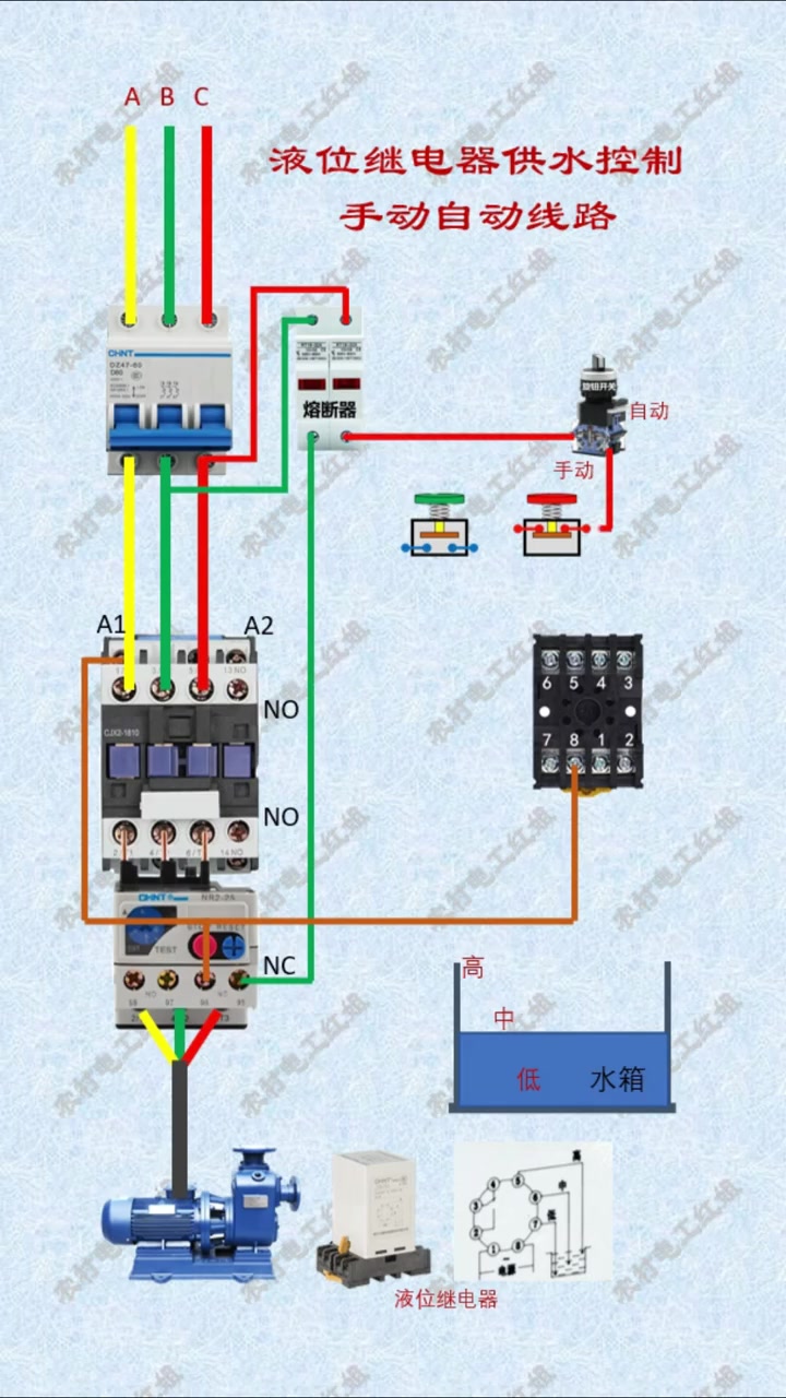 液位继电器手动与自动控制供水线路 零基础学电工 电工知识 液位